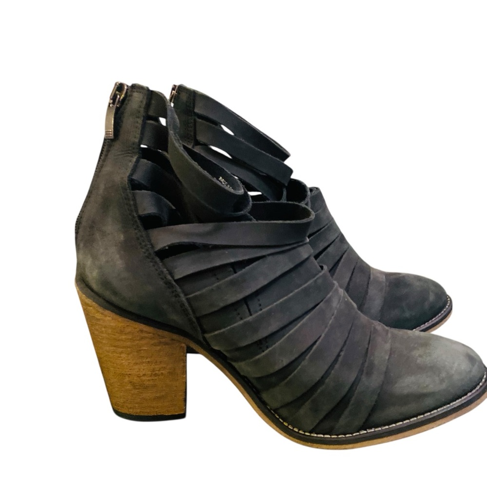 Free People Hybrid Strappy Nubuck Leather Ankle Booties Boots Heeled Black 39 - Picture 3 of 10